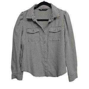 Zara Houndstooth Button Up Shirt S Black White Collared Preppy Academia Chic